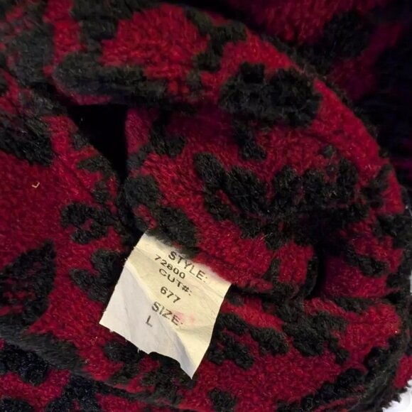 😊Tsunami Canada Black Red Bouclee Pattern Button Up Fleece Vintage Jacket Sz L - Picture 10 of 14